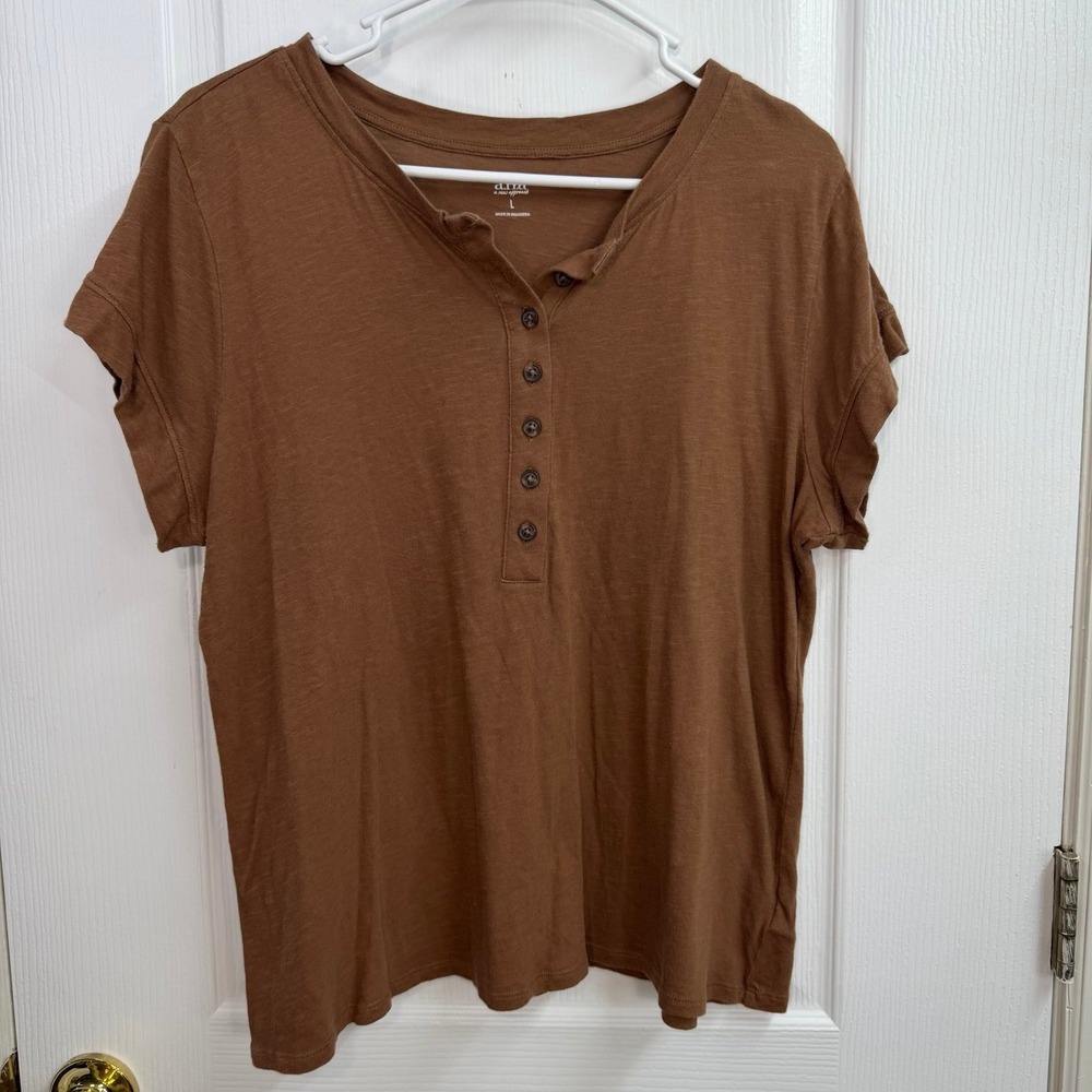 A.N.A. brown Henley 100% cotton short sleeve neutral relaxed casual‎ shirt large